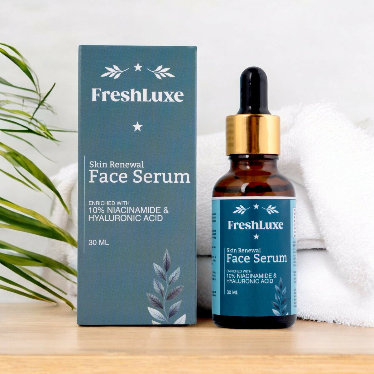 FreshLuxe skin renewal face serum bottle and packaging on a wooden surface with a plant in the background.