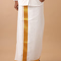 Men 100% Cotton Double Layer White Dhoti with 2 1/2" Gold Jari Border Kaviyam