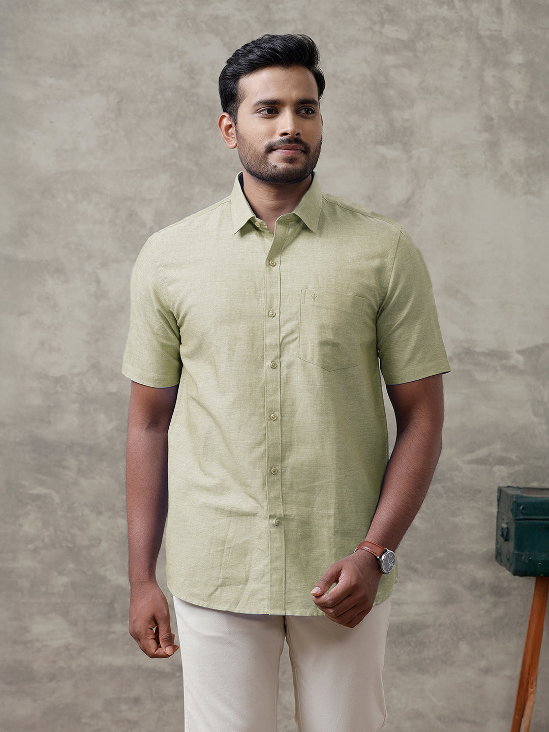 Men Linen Cotton Shirt Olive Green LF25