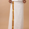 Men 100% Cotton Double Layer White Dhoti with 1 1/2" Jari Border Gold Special Pet