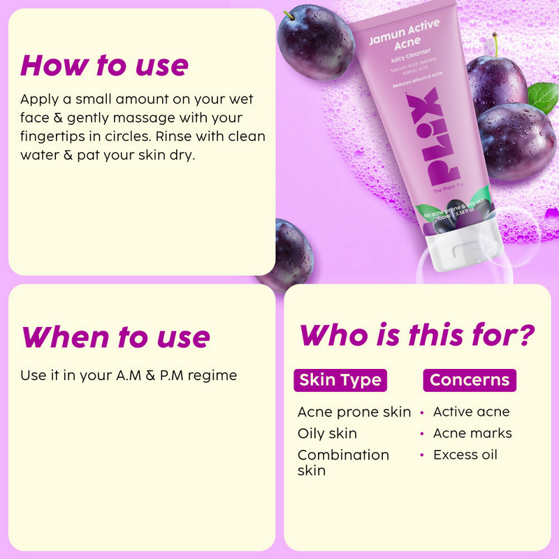 PLIX The Plant Fix Jamun Skincare With Cleanser, Body Wash & Active Acne Serum For Women & Men