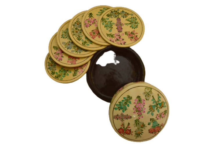 Nizalia Floral Motif Embossed Cream Paper Mache Round Coasters - Limited Time Offer