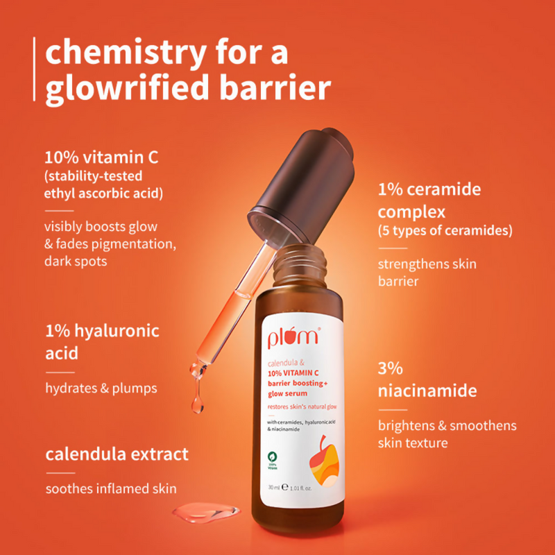 Plum 10% Vitamin C Barrier Boosting + Glow Serum with Calendula For Glowing Skin