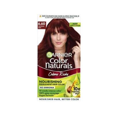 Garnier Color Naturals hair color packaging with a model and product details on a white background