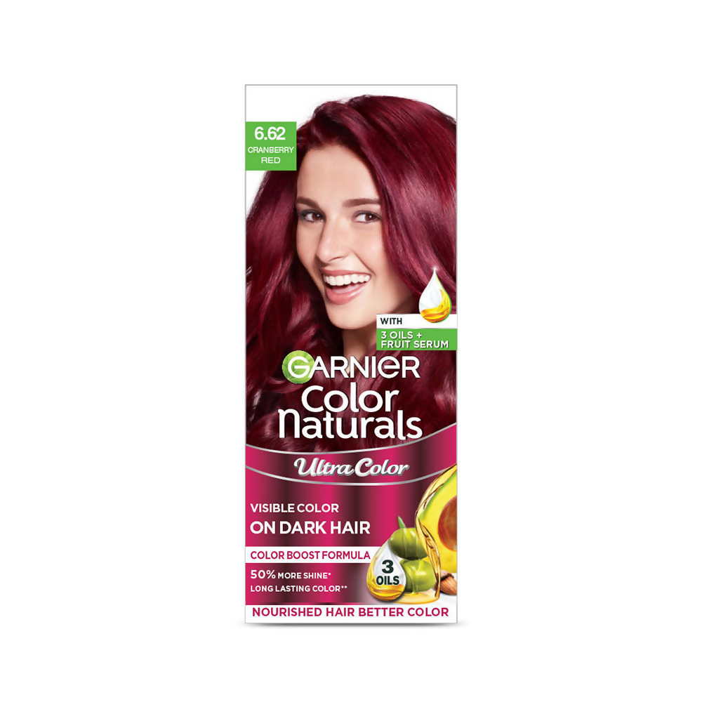 Garnier Color Naturals hair color packaging with a model displaying red hair on a white background