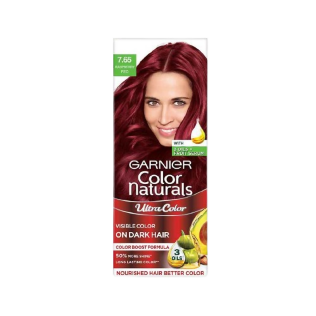 Garnier Color Naturals hair color packaging with a model wearing red hair on a white background