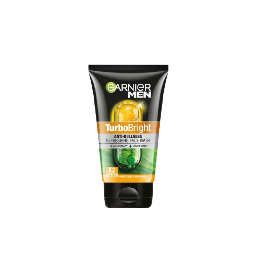 Garnier Men TurboBright face wash tube on a white background