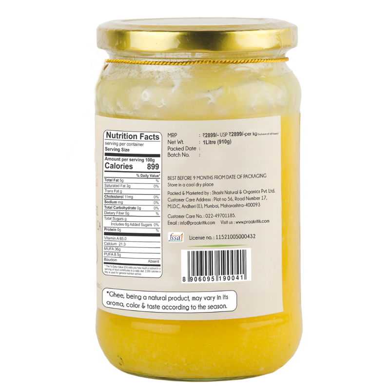 Praakritik Natural Desi Gir Cow A2 Ghee | Organic Grassfed - Vegetarian GMO Free Lactose Free - Cow Ghee