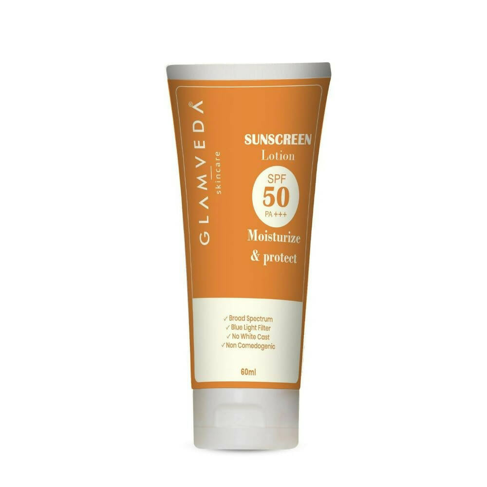 Glamveda sunscreen lotion tube with SPF 50 on a white background