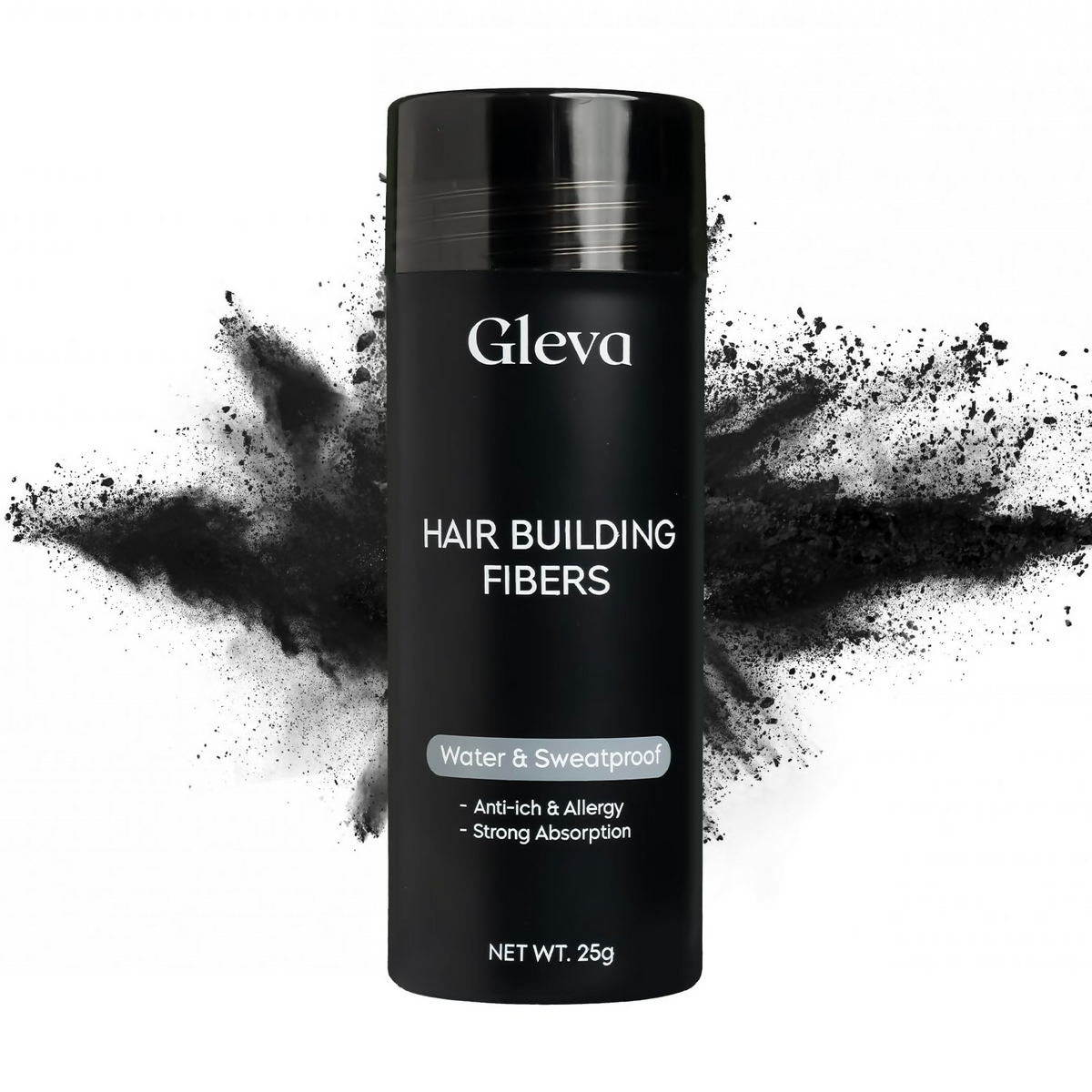 Gleva hair building fibers container with black powder around on a white background