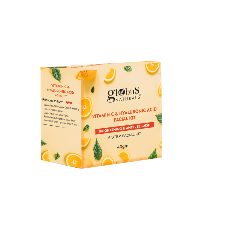 Globus Naturals Vitamin C & Hyaluronic Acid facial kit packaging on a white background