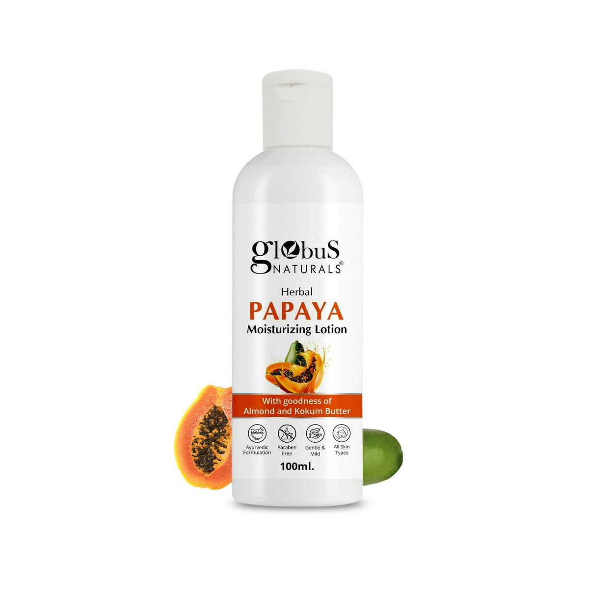 Globus Naturals Herbal Papaya Moisturizing Lotion bottle on a white background