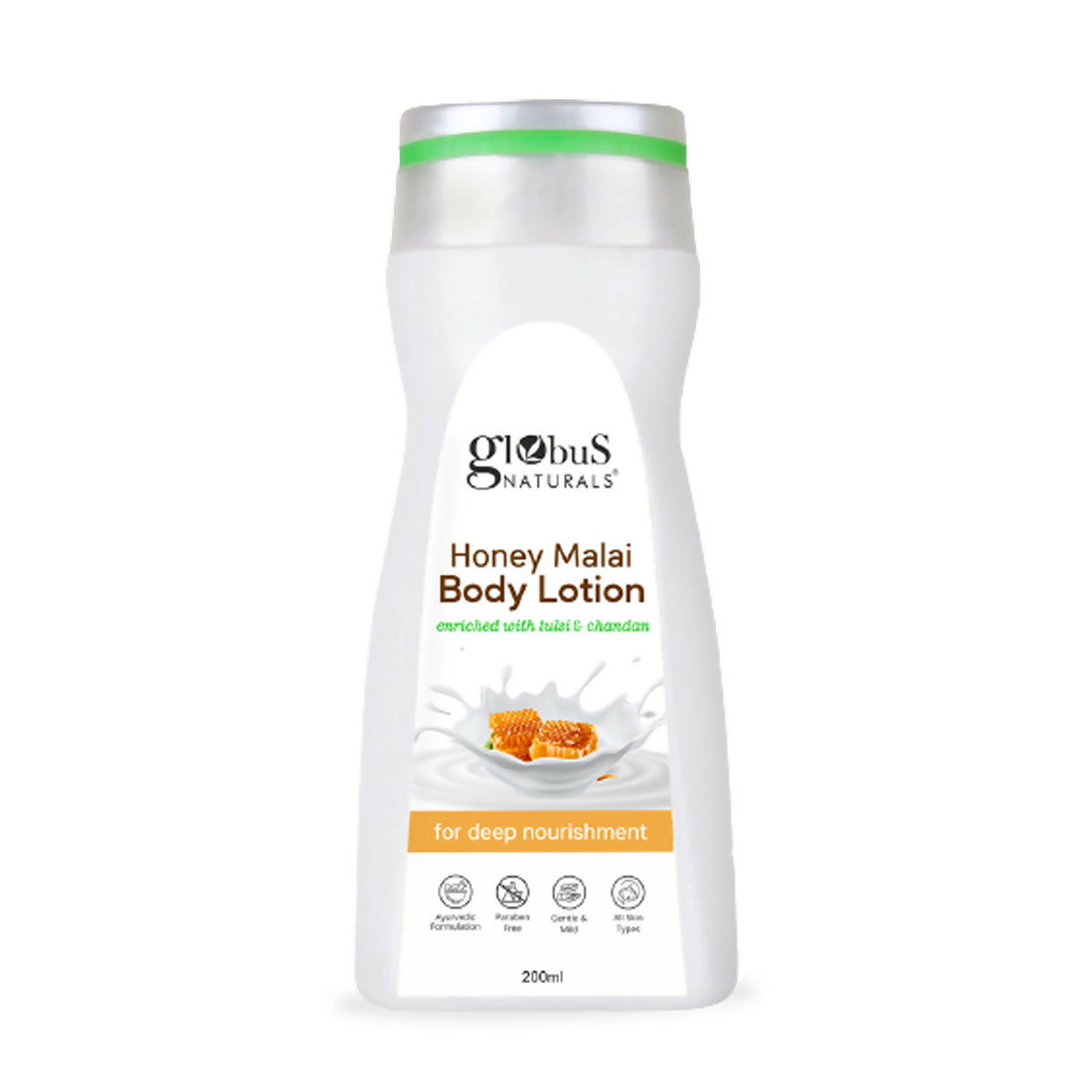 Globus Naturals Honey Malai Body Lotion bottle on a white background