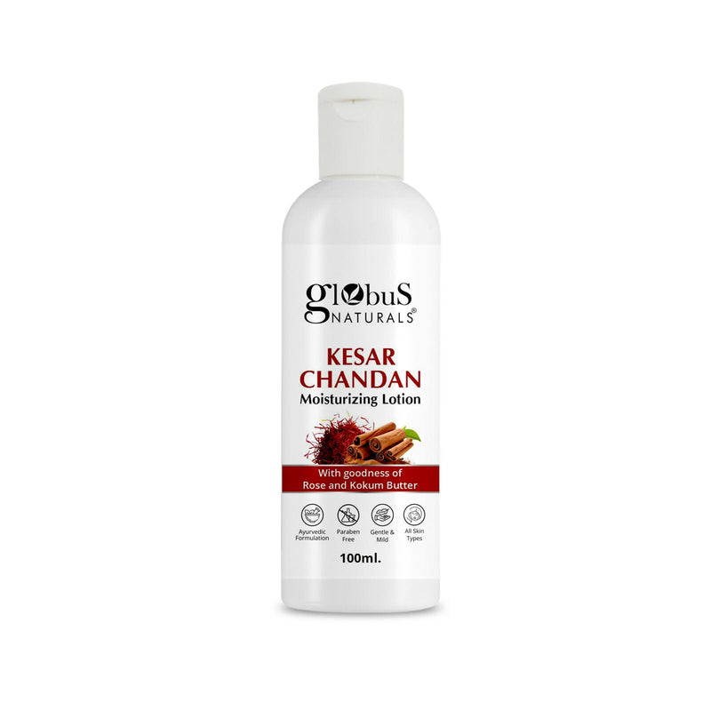 Globus Naturals Kesar Chandan moisturizing lotion bottle on a white background