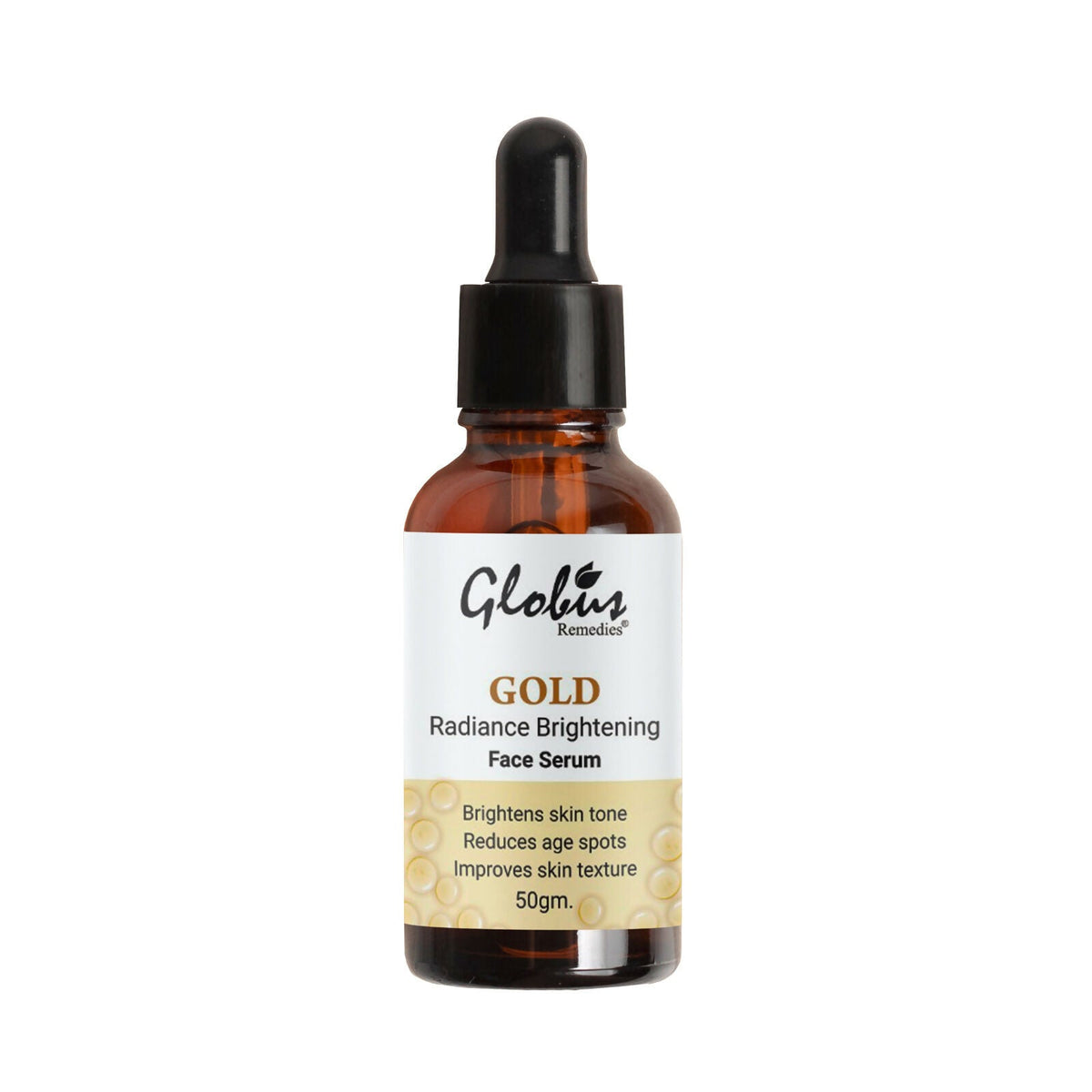 Globus Remedies Gold Radiance Brightening Face Serum bottle on a white background