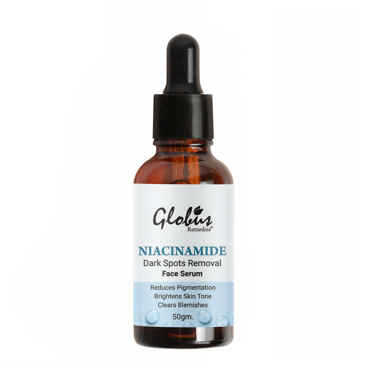 Globus Remedies Niacinamide dark spots removal face serum bottle on a white background