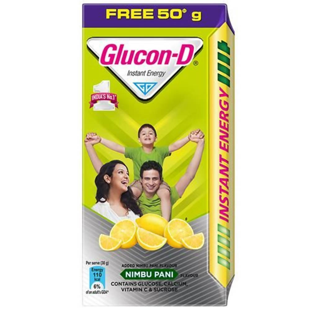 Glucon-D Instant Energy drink mix packaging with a family and lemon slices on a white background