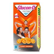 Glucon-D Tangy Orange instant energy drink mix packaging with a family on an orange background