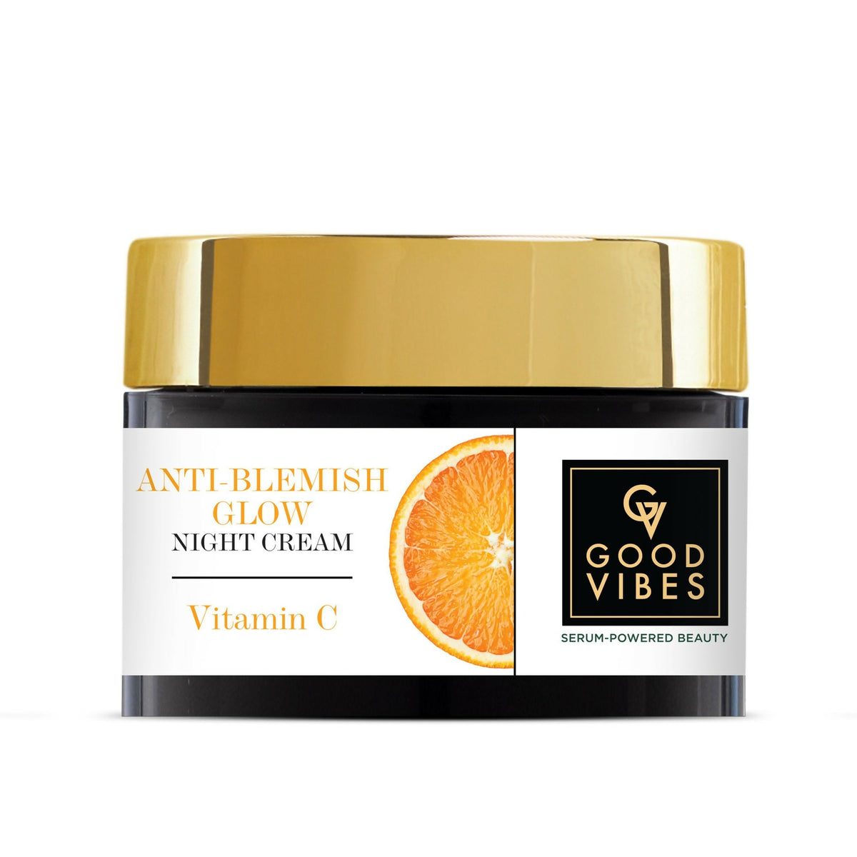 Anti-blemish glow night cream jar with gold lid and Good Vibes branding on a white background