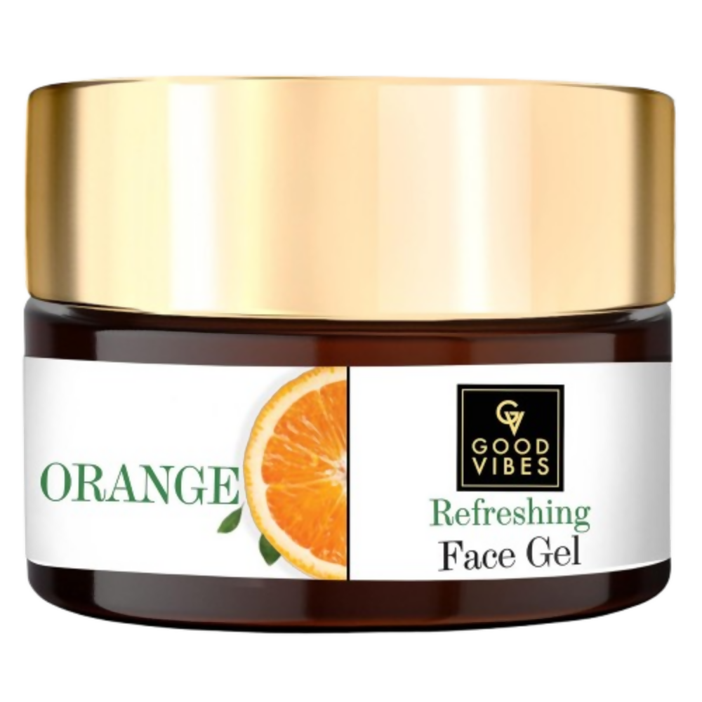 Jar of Good Vibes Orange Refreshing Face Gel with gold lid and orange slice on label