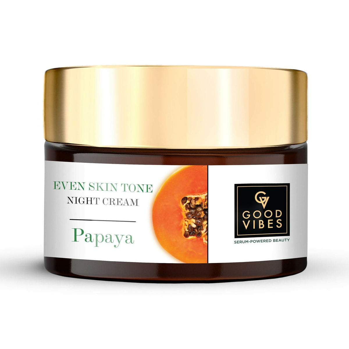 Papaya night cream jar with gold lid and 'Good Vibes' branding on a white background
