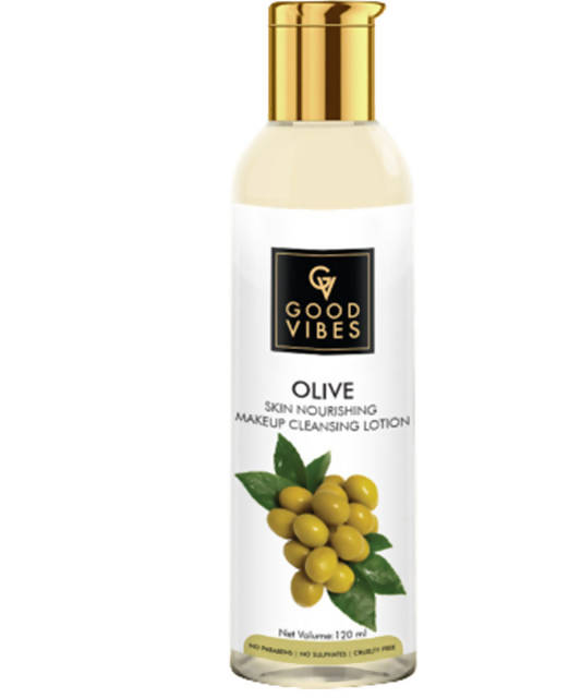 A bottle of Good Vibes Skin Nourishing Makeup Cleansing Lotion with olive extract, designed for removing makeup.