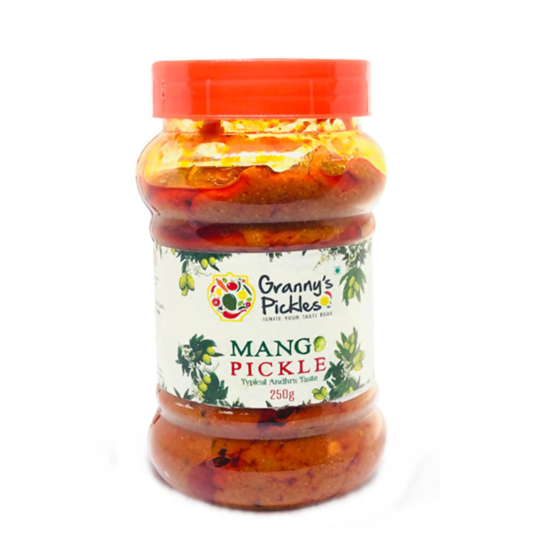 Jar of Granny's Pickles Mango Pickle on a white background