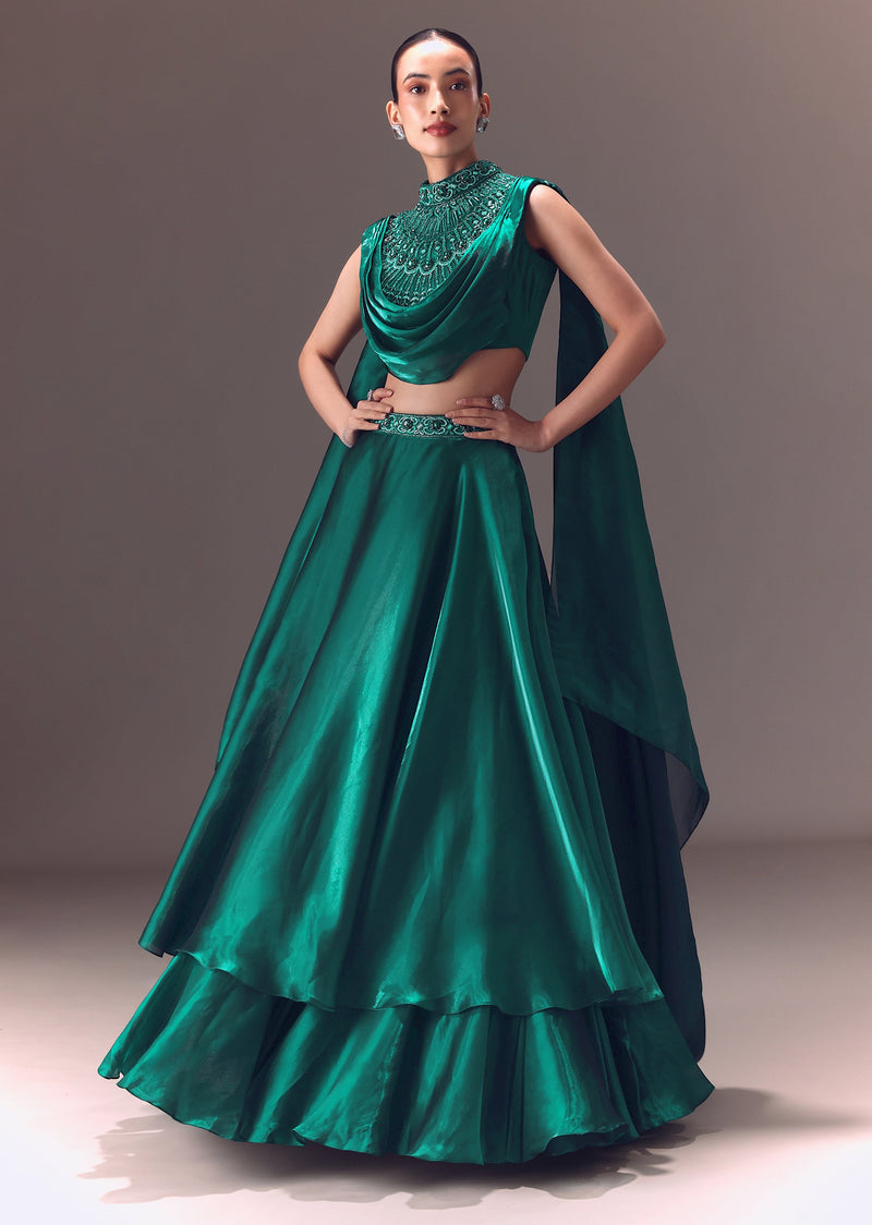 Green Organza Cowl Blouse And Lehenga Set