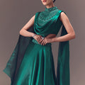 Green Organza Cowl Blouse And Lehenga Set
