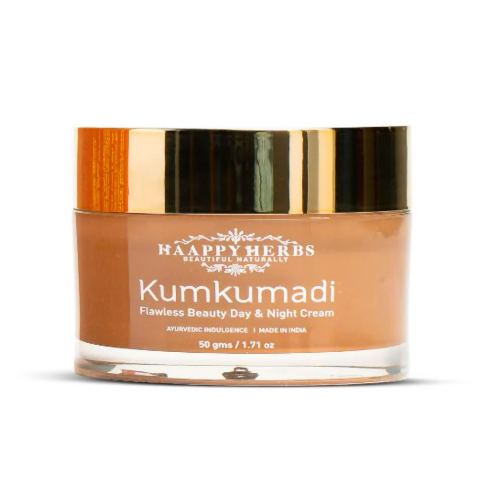Kumkumadi beauty cream jar with gold lid on a white background