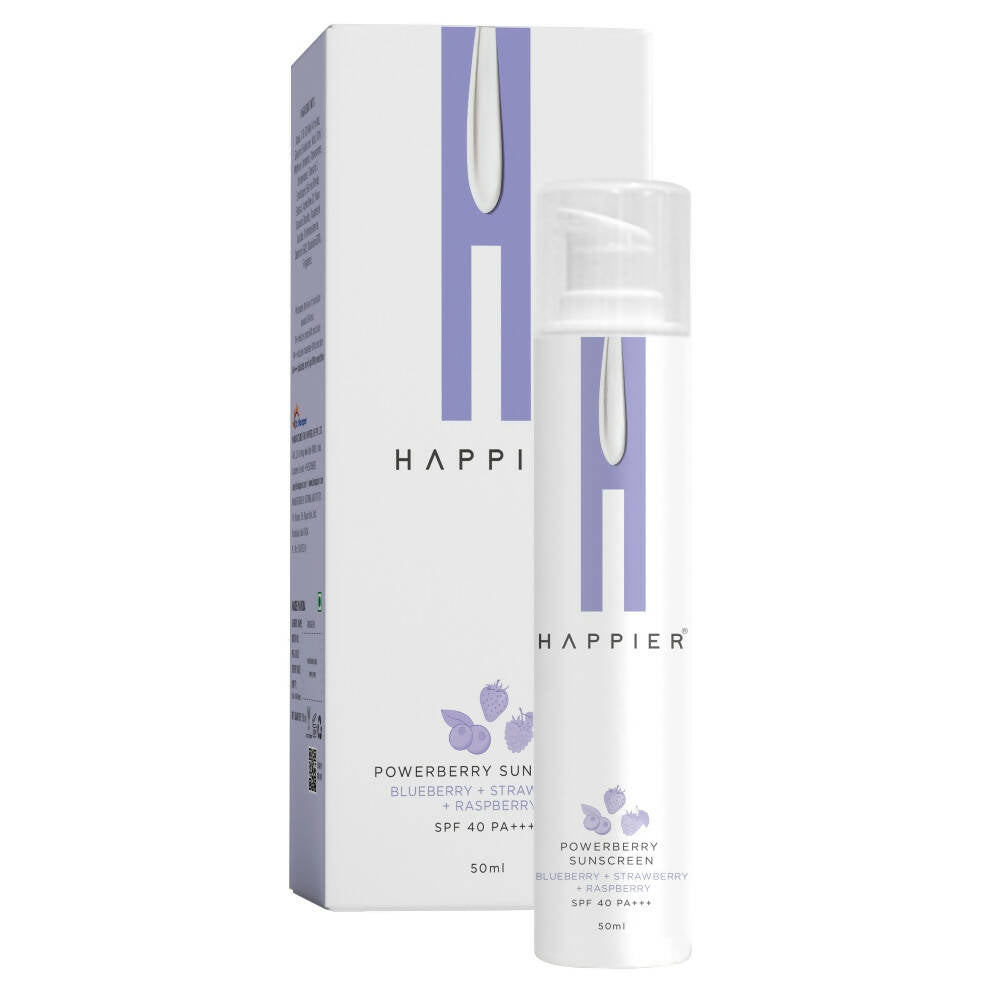 Happier Powerberry Sunscreen bottle and packaging on a white background