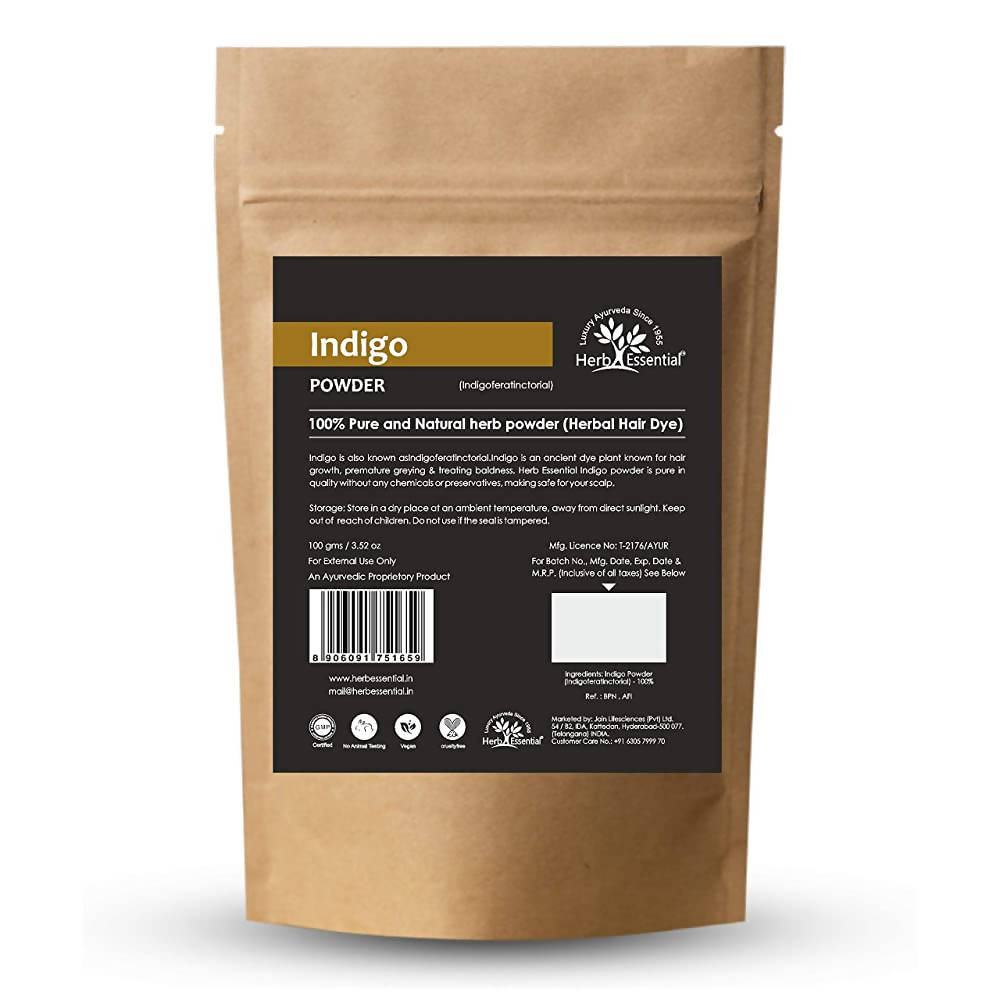 Brown package of Indigo Powder with Herbal Essentials branding on a white background