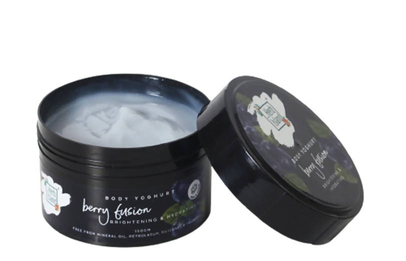 Black jar of 'Berry Fusion' body yogurt with a white lid on a white background