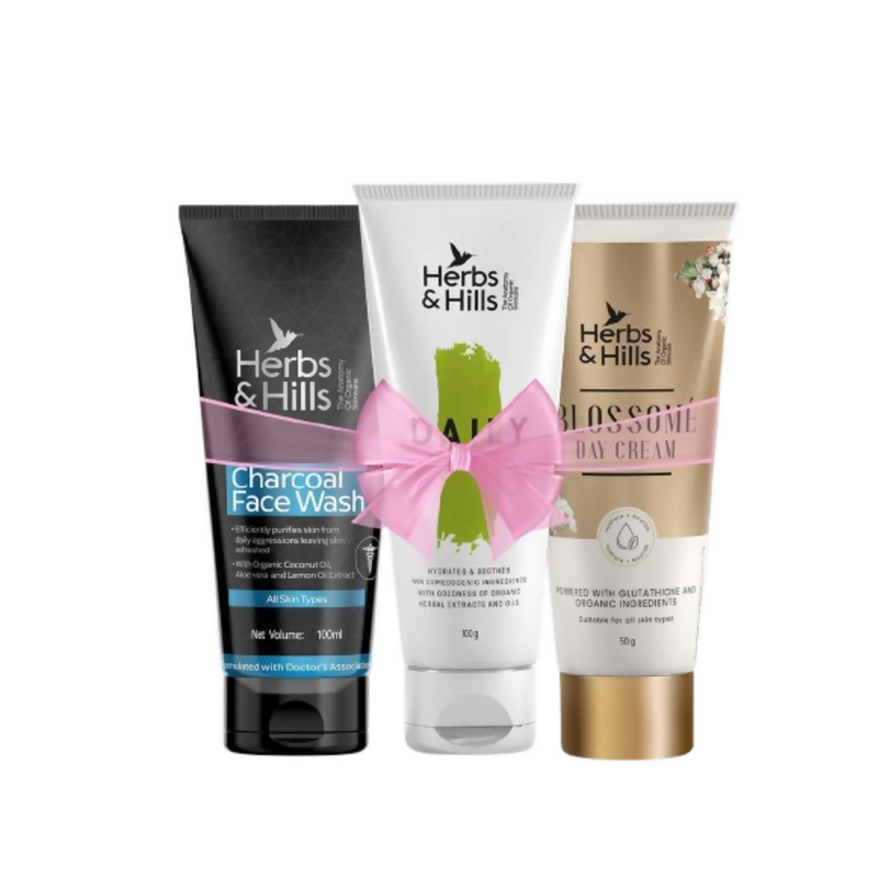 Three Herbs & Hills skincare products on a white background