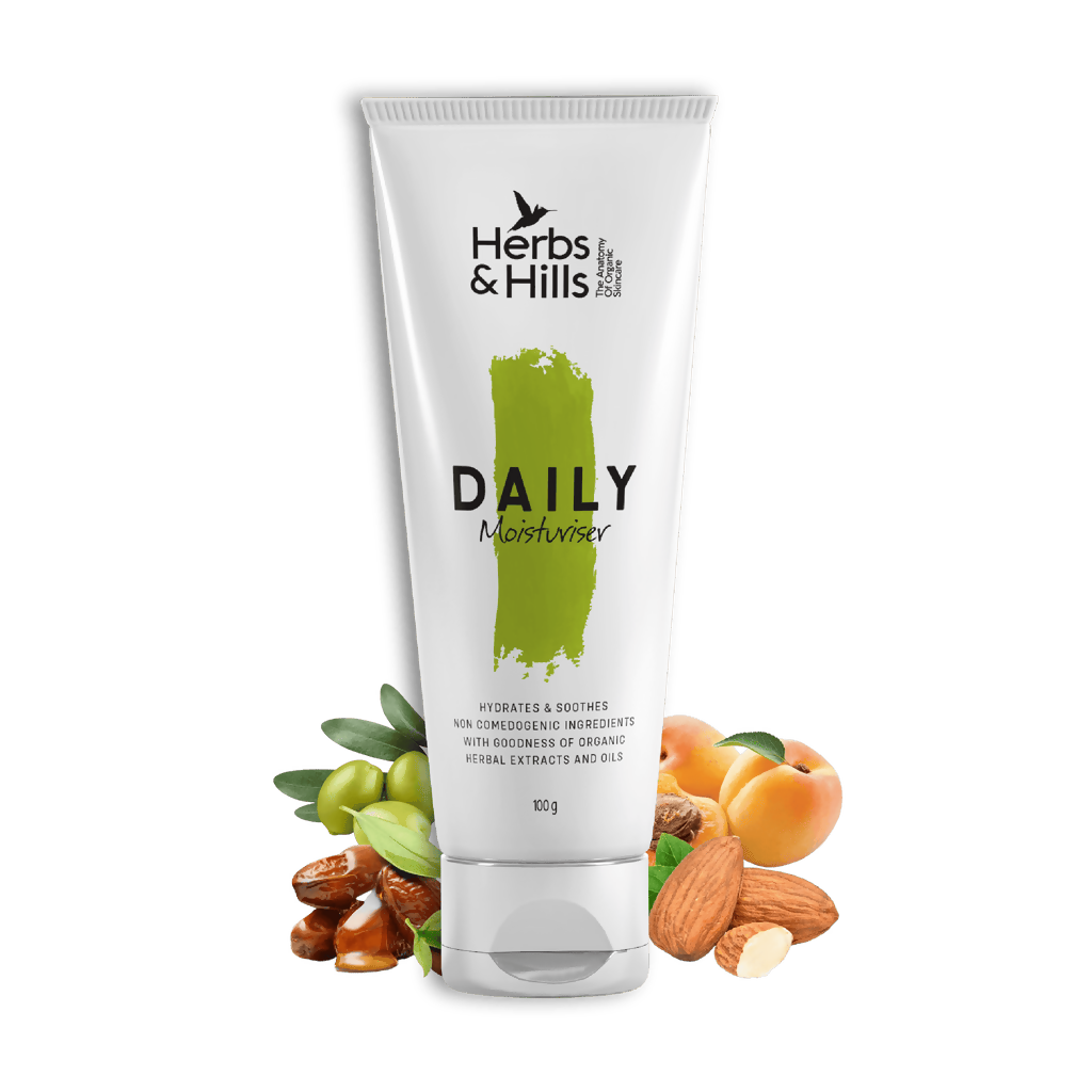 Herbs & Hills Daily Moisturizer tube with ingredients on a white background
