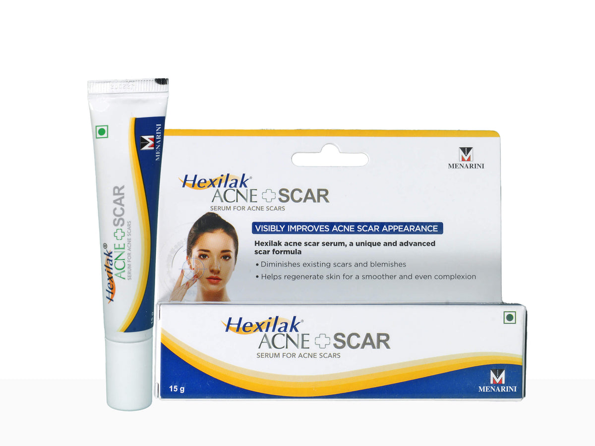 Hexilak Acne + Scar serum packaging on a white background