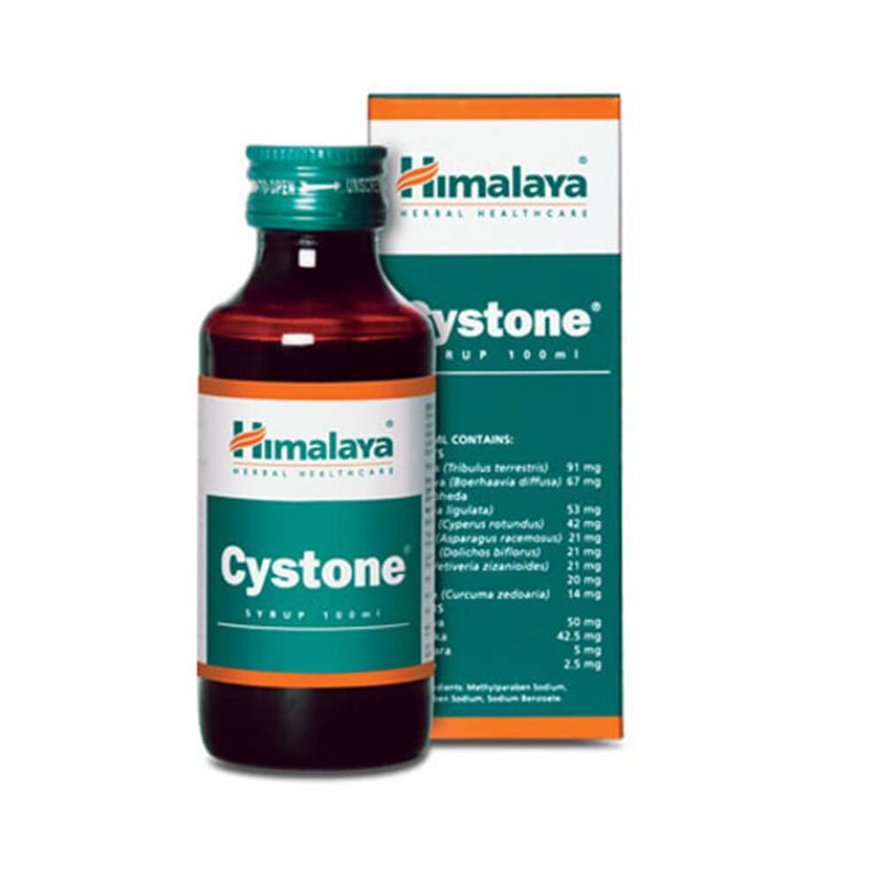 Himalaya Cystone syrup bottle and packaging on a white background