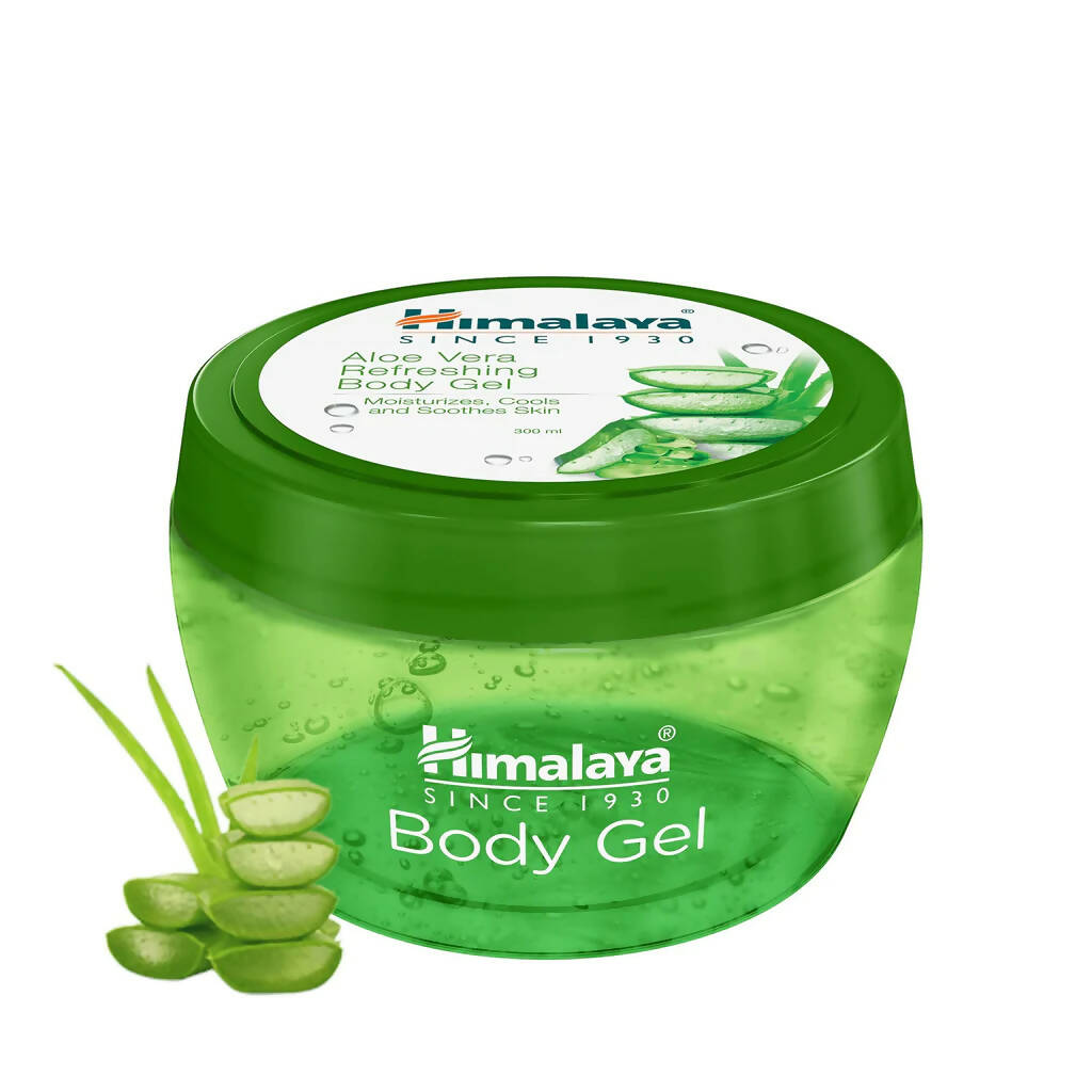 Green jar of Himalaya Aloe Vera Refreshing Body Gel on a white background