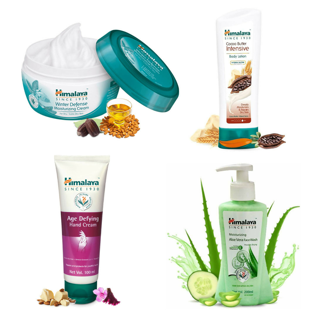 A collection of Himalaya Herbals skin care products including body lotion, moisturizing cream, face wash, and hand cream