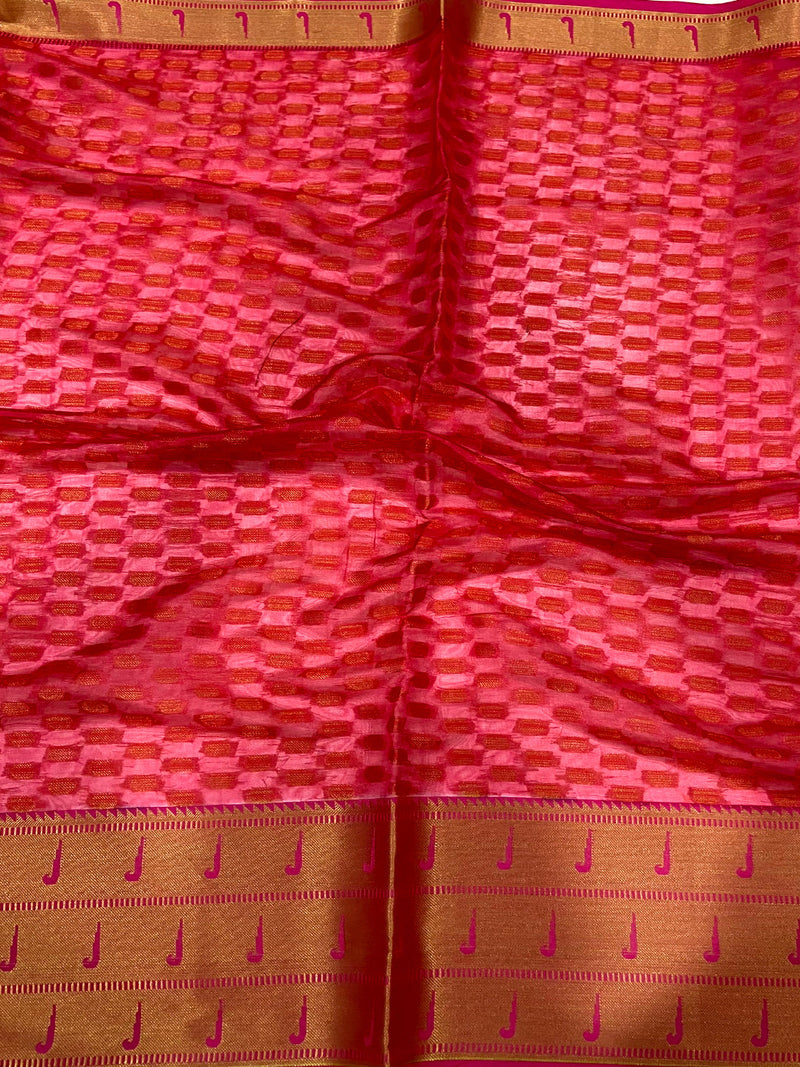 Kalamkari Silk Saree With Pink-Gold Border