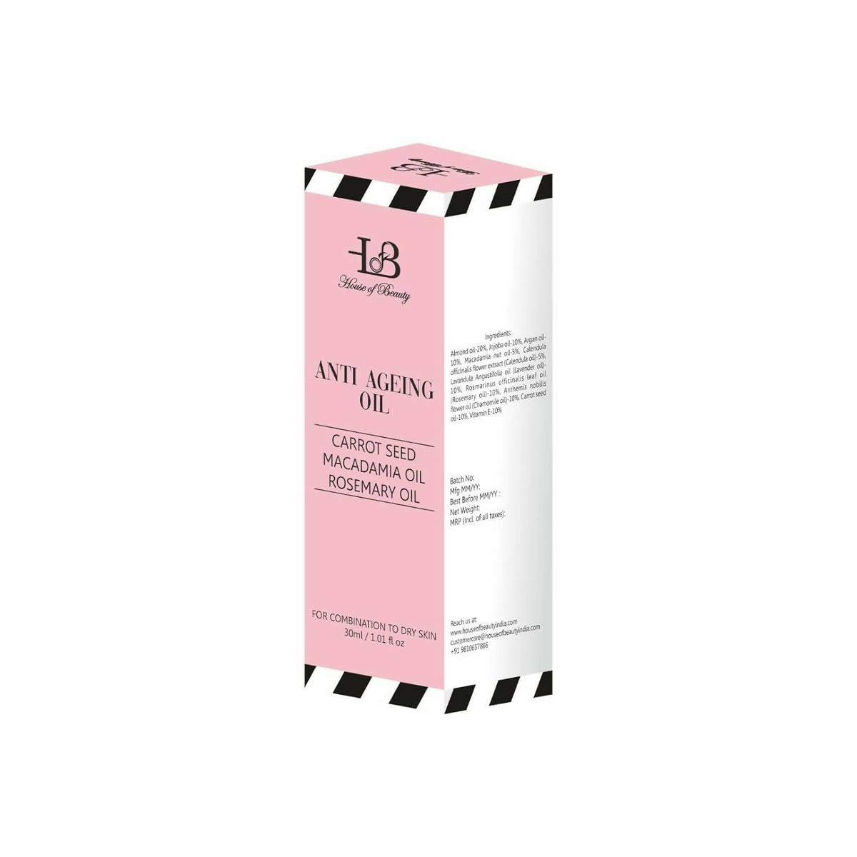 Box of anti-aging oil with pink and white design on a white background