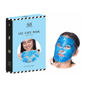Blue gel face mask with packaging and a person wearing it on a white background