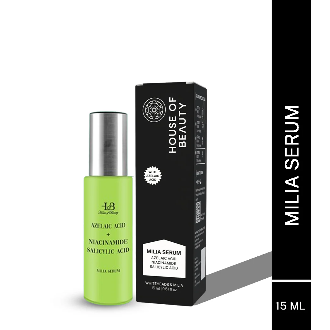 Green serum bottle with silver cap and black box labeled 'House of Beauty' on a white background