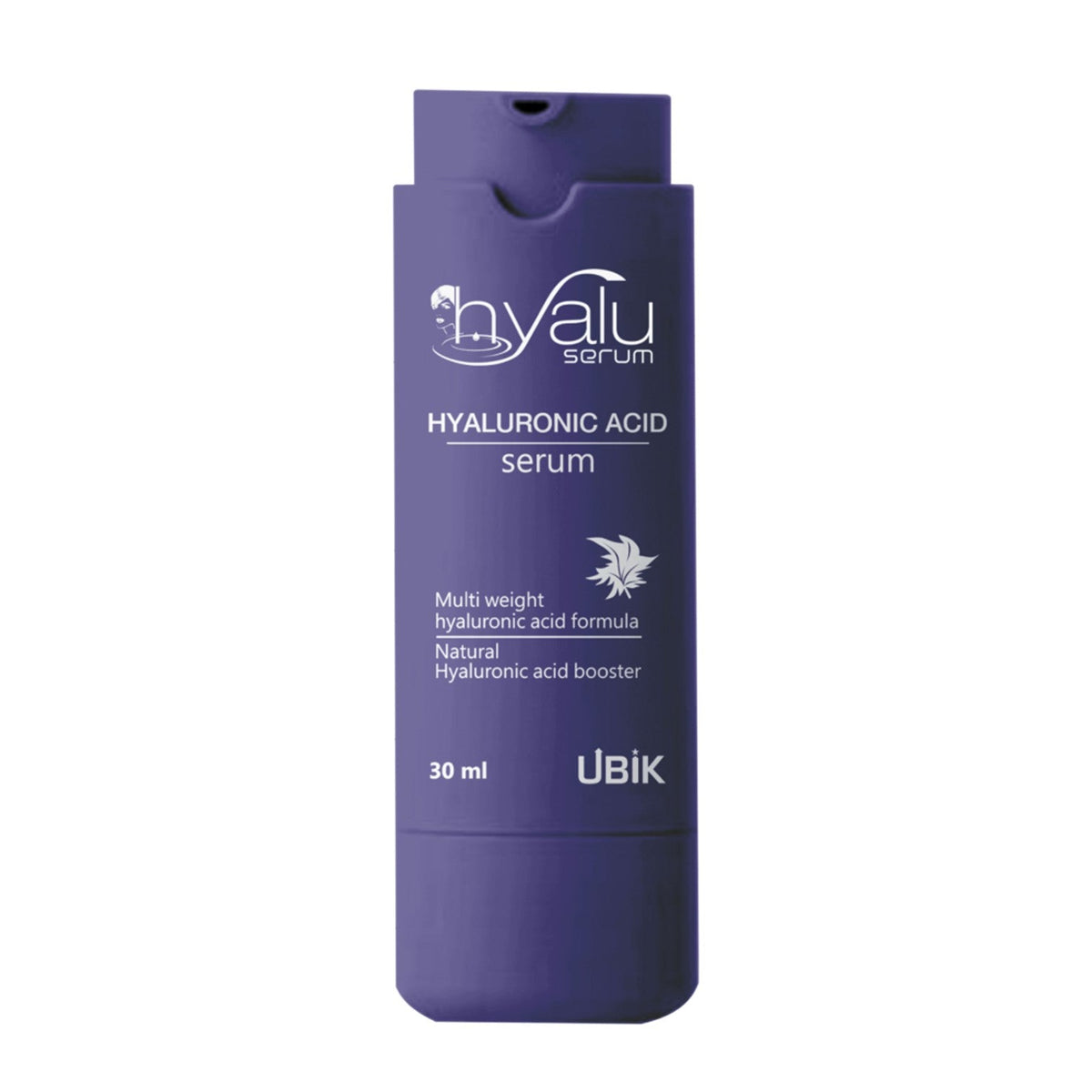 Purple bottle of hyaluronic acid serum with 'hvalu' branding on a white background