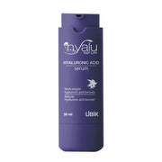 Purple bottle of hyaluronic acid serum with 'hvalu' branding on a white background