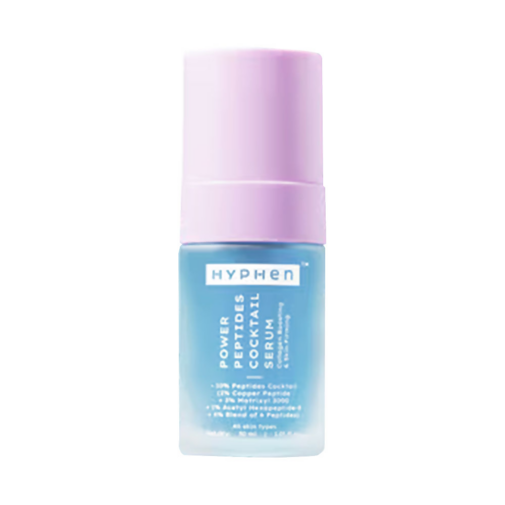 Skincare serum bottle with purple cap and blue body on a white background