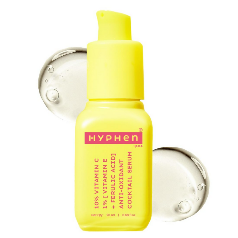 Yellow serum bottle with 'HYPHEN' branding on a white background