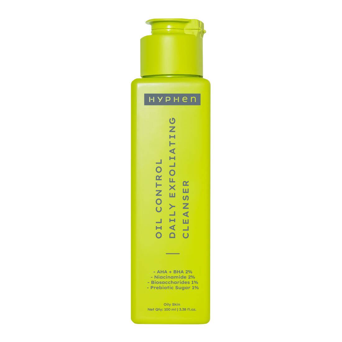 Yellow bottle of Hyphen oil control daily exfoliating cleanser on a white background