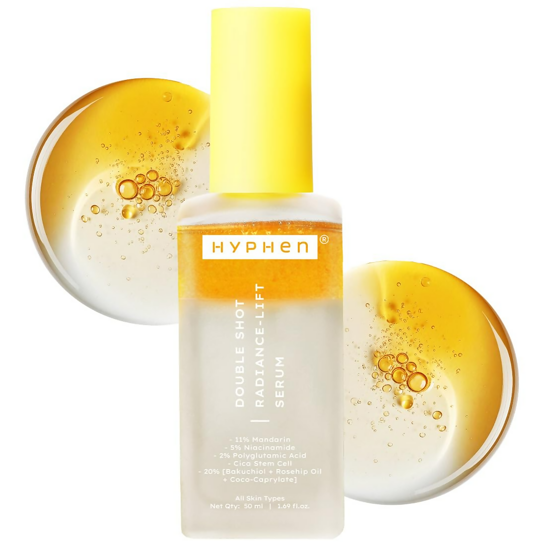 Hyphen Double Shot Radiance Lift Serum bottle with yellow cap and serum on a white background