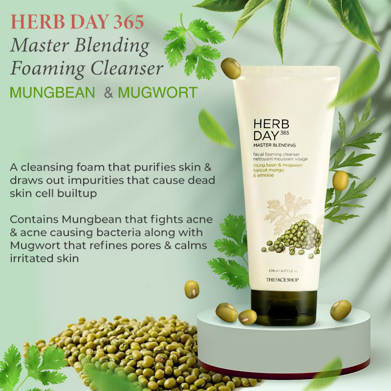 The Face Shop Herb Day 365 Master Blending Foaming Cleanser- Mungbean & Mugwort - Korean Skincare